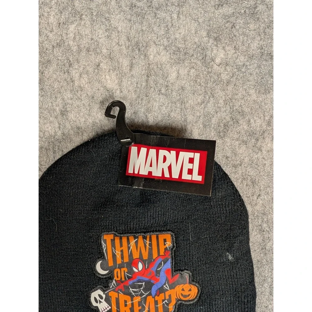 Marvel Spider-Man Halloween Beanie Black Thwip or Treat Kids Knit‎ Hat NEW